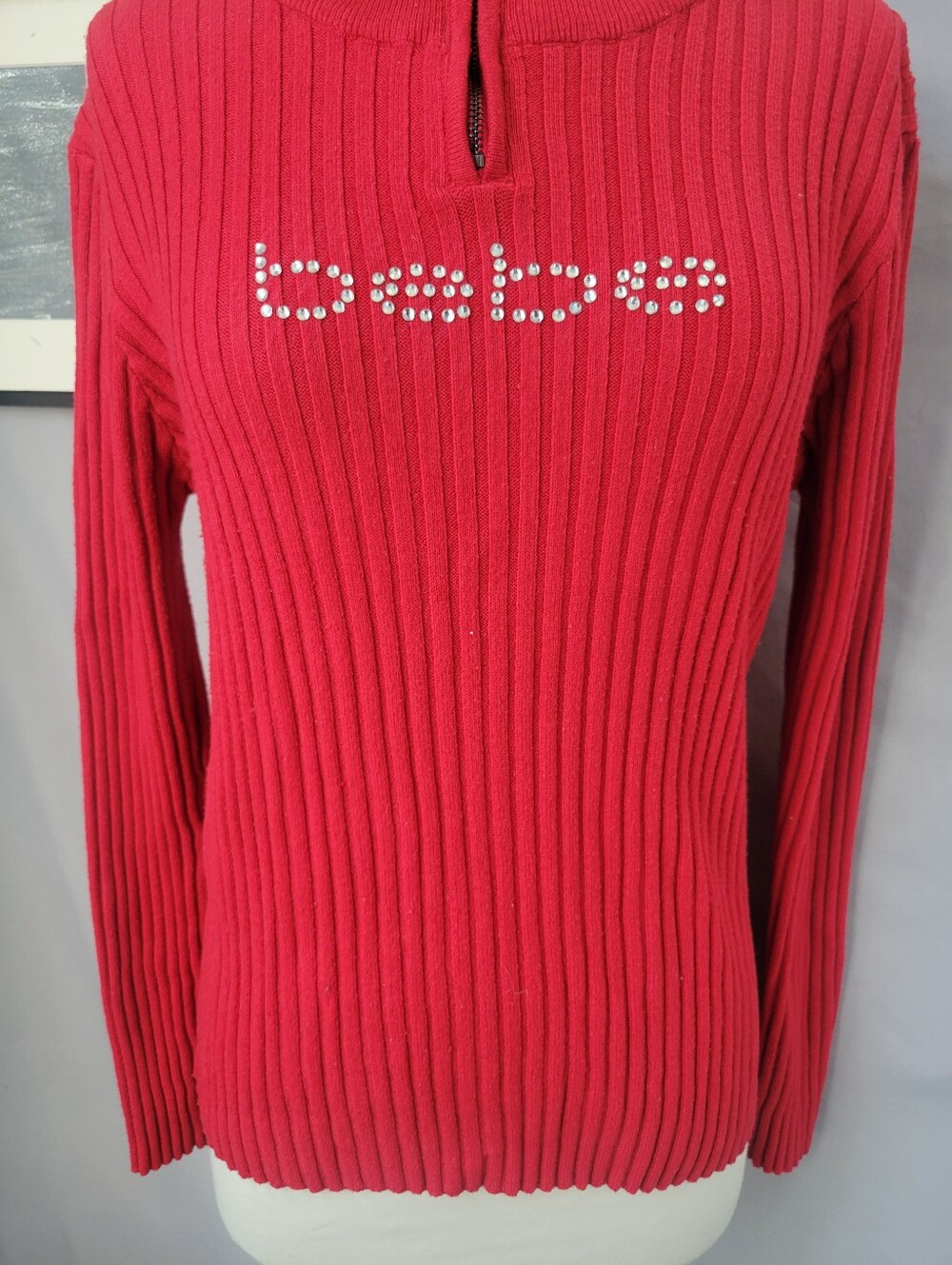 Bebe Ribbed Logo Embellished Rhinestone 1/4 Zip Sweater Red XL - Picture 6 of 11